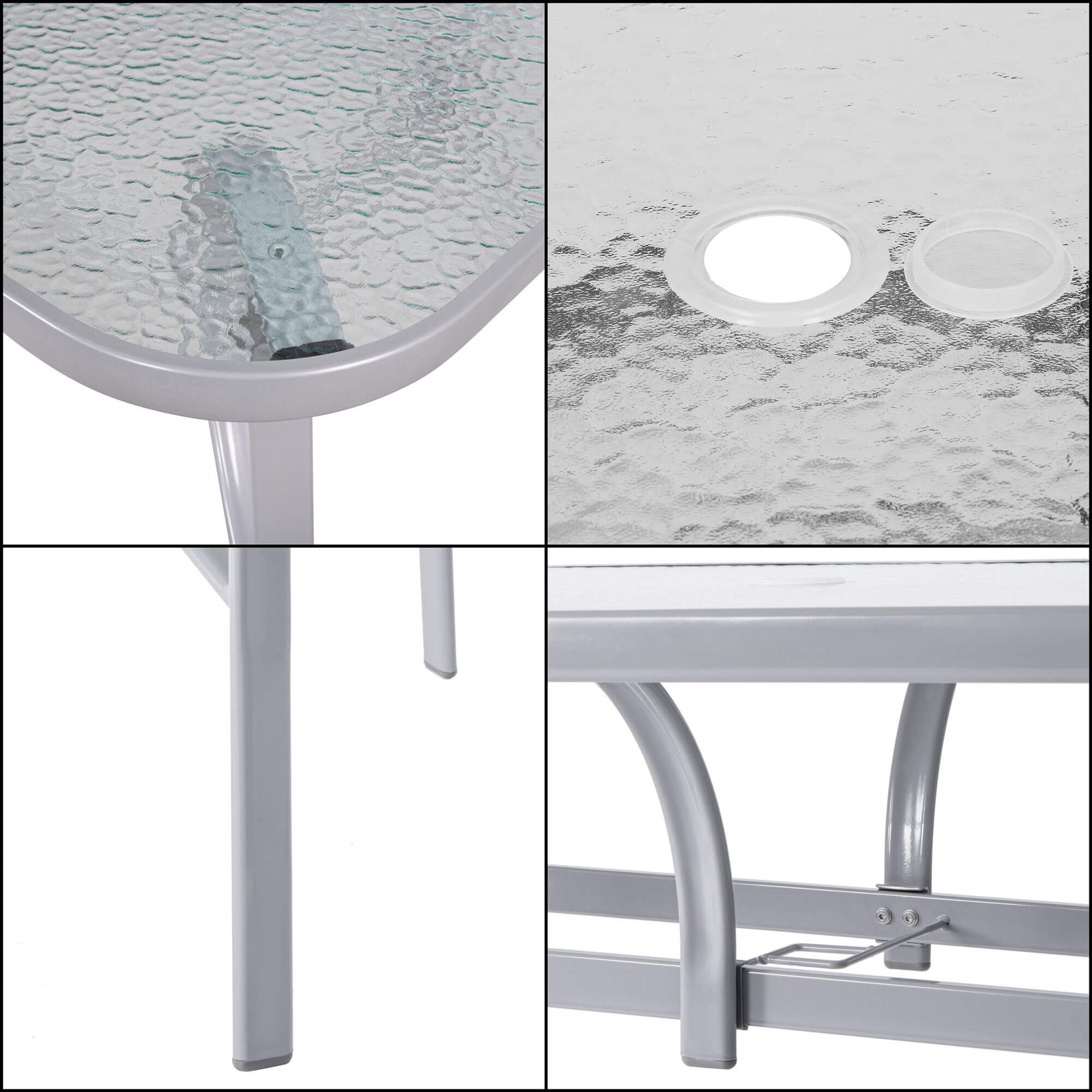 Záhradný stôl 150cm: kov + sklo, šedý