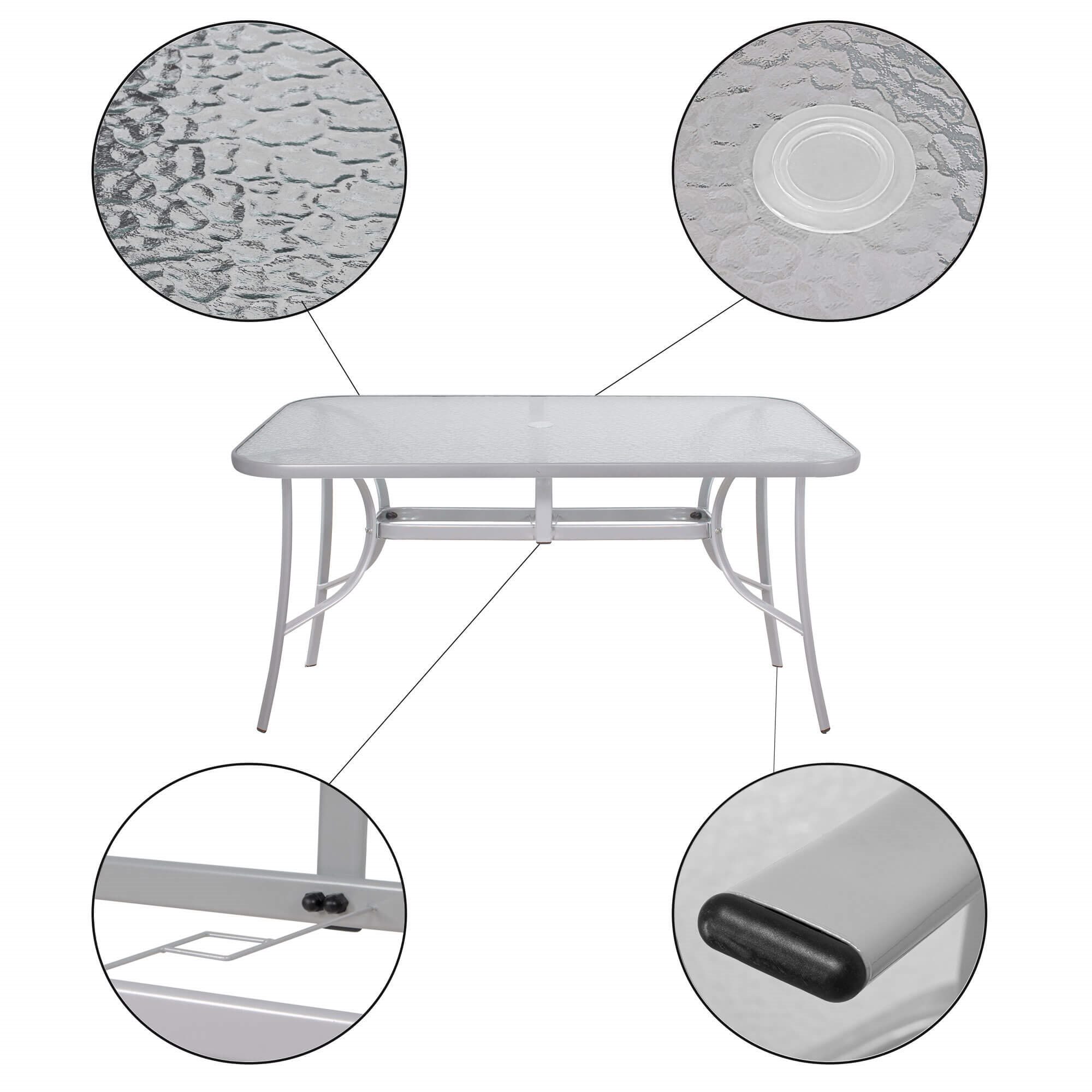 Záhradný stôl 150cm: kov + sklo, šedý